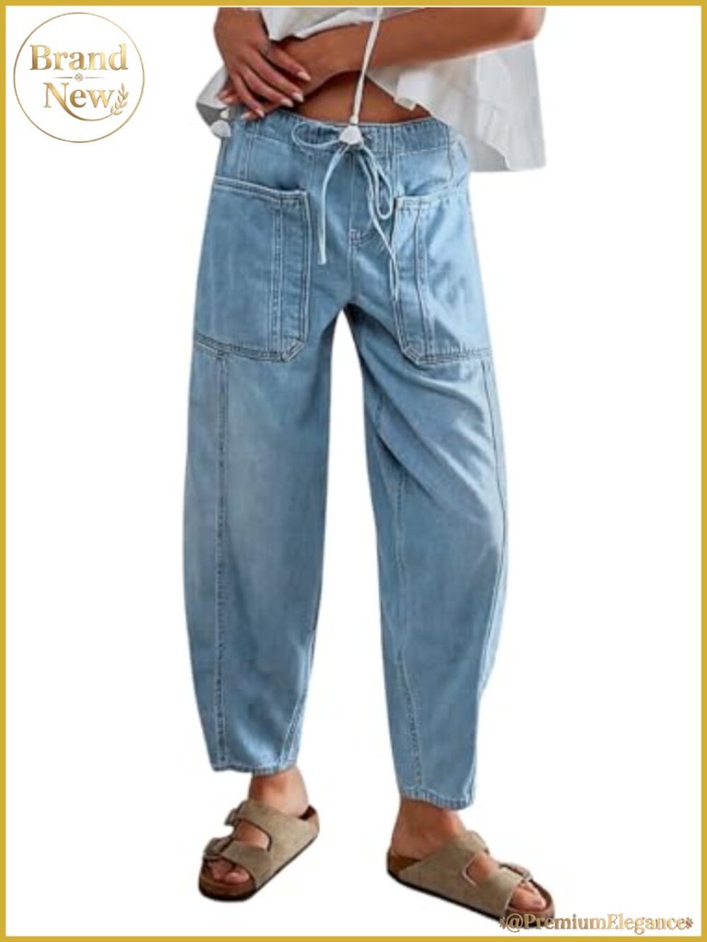 Women's Baggy Barrel Jeans Drawstring Elastic Waist Wide Leg